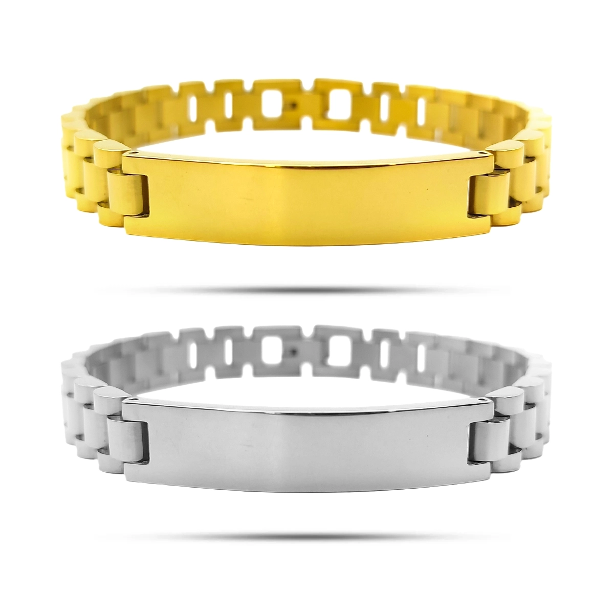 Pulsera esclava de acero inoxidable para hombre con placa lisa central y eslabones tipo reloj en acabado dorado y plateado sobre fondo blanco