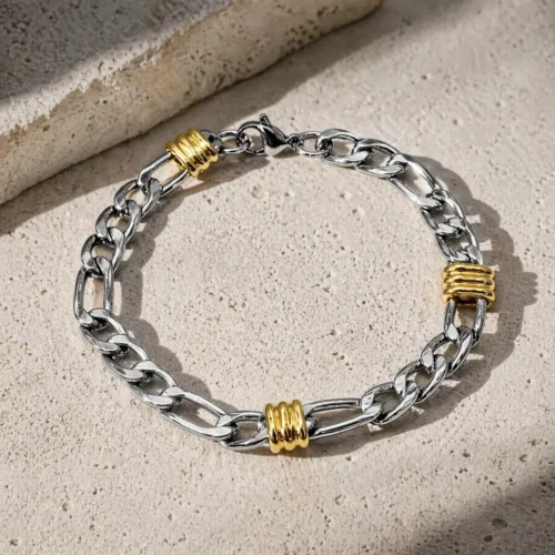 Pulsera Acero Inox Bicolor Esclava 3x1 Remaches Moderna (1)