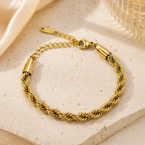 Pulsera Acero Inox Dorado Esclava Gruesa Torzal 5 mm (3)