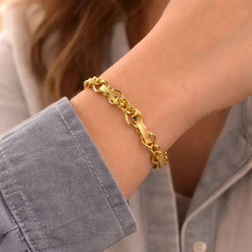 Pulsera Acero Inox Dorado Planchada Cadena Entrelazada (2)