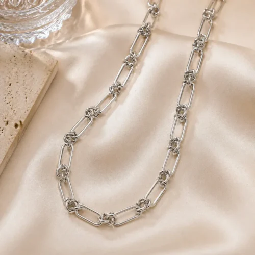 Pulsera Acero Inox Plateado Eslabon Oval con Nudos (2)