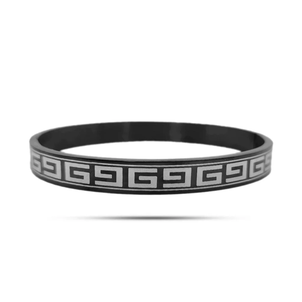 Pulsera Acero Negro Brazalete Patron de Grecas Grabadas 2