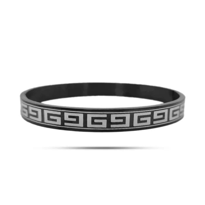 Pulsera Acero Negro Brazalete Patron de Grecas Grabadas (2)
