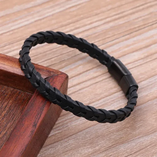 Pulsera Acero Negro Piel Lisa con Tejido Flecha (1)