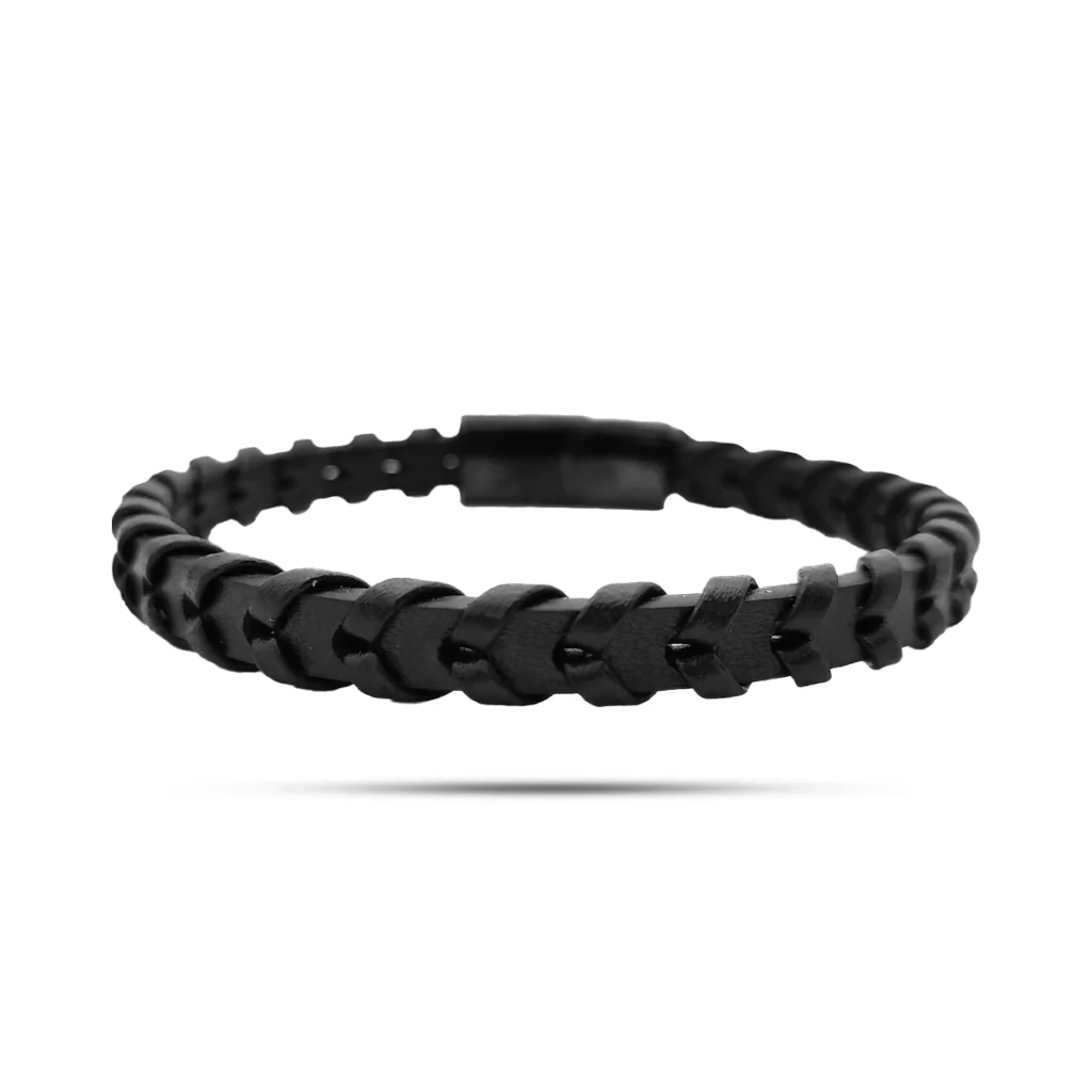 Pulsera Acero Negro Piel Lisa con Tejido Flecha 1