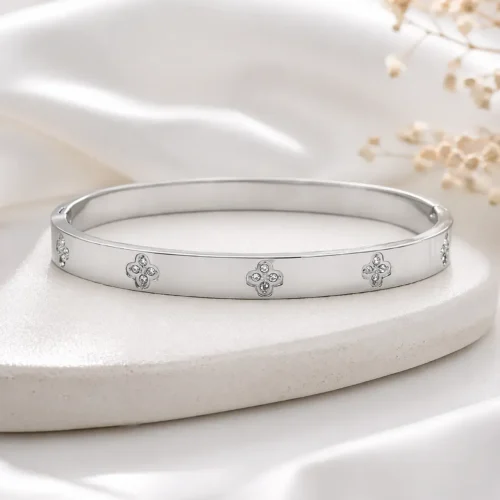 Pulsera Acero Plateado Brazalete Rigido Trébol Cristales (5)