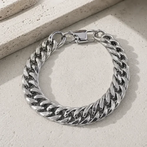 Pulsera Acero Plateado Cubana Rectificada Gruesa 14 mm (1)