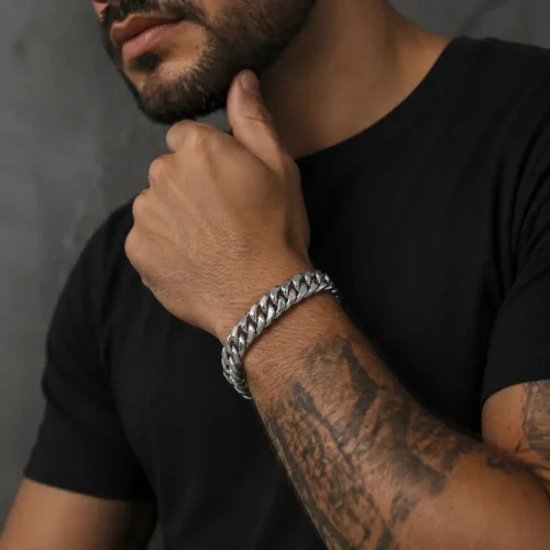 Pulsera Acero Plateado Cubana Rectificada Gruesa 14 mm (2)