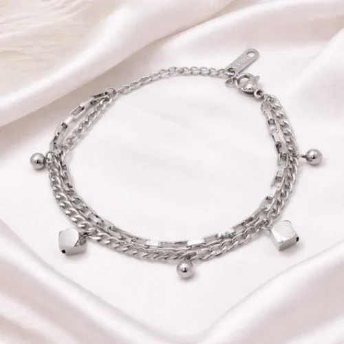 Pulsera Acero Plateado Doble Cadena Cubos Colgantes (2)