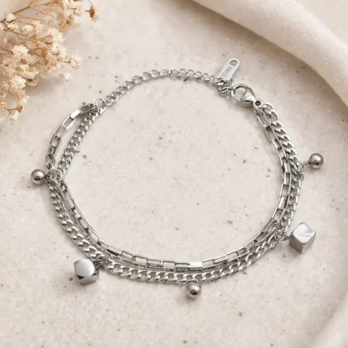 Pulsera Acero Plateado Doble Cadena Cubos Colgantes (3)