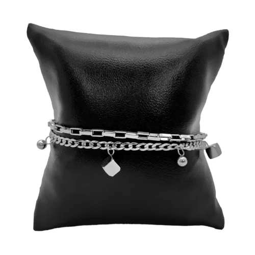 Pulsera Acero Plateado Doble Cadena Cubos Colgantes (3)