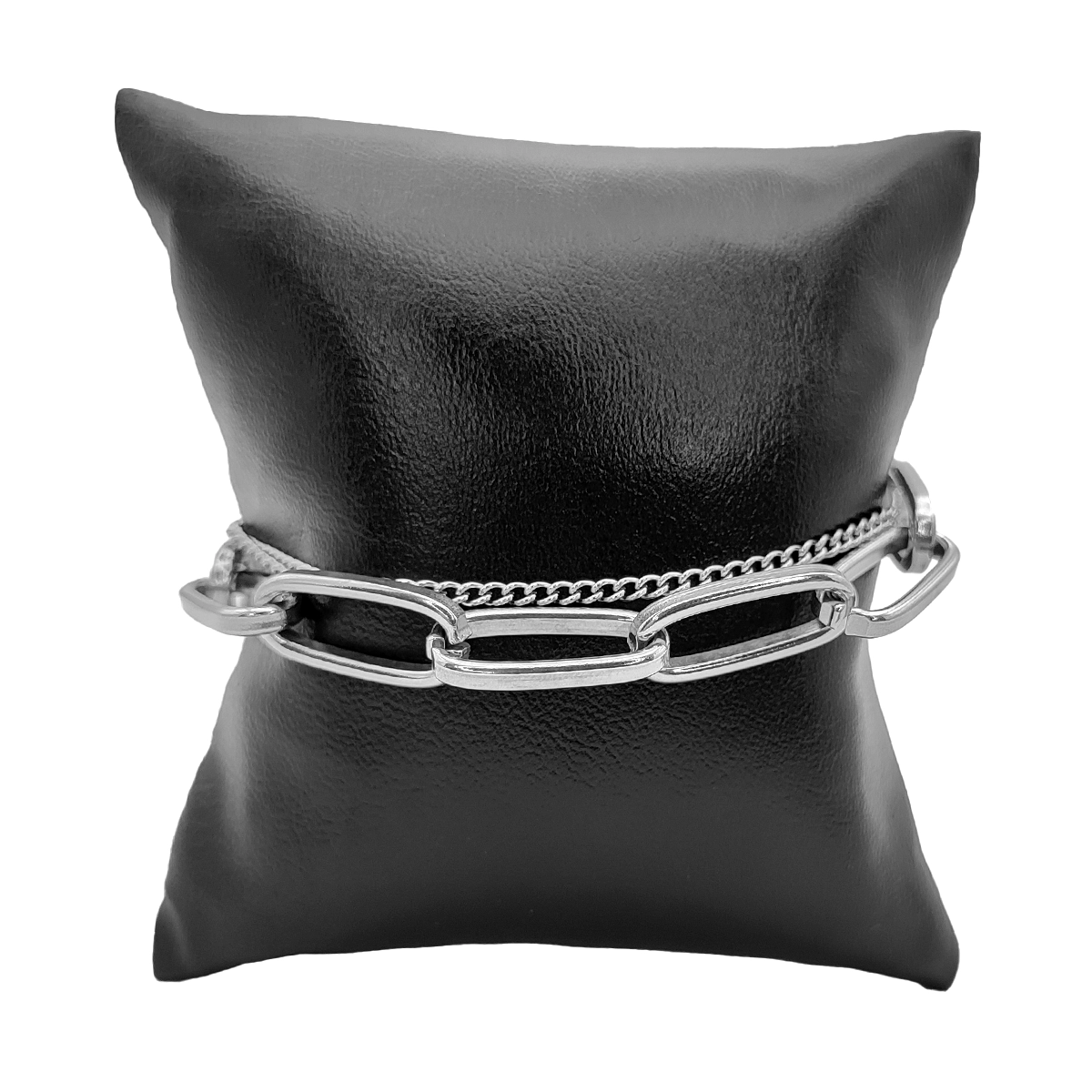 Pulsera Acero Plateado Doble Eslabon Largo Ancho y Cubana 2