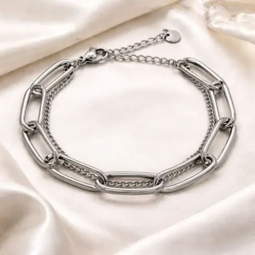 Pulsera Acero Plateado Doble Eslabon Largo Ancho y Cubana