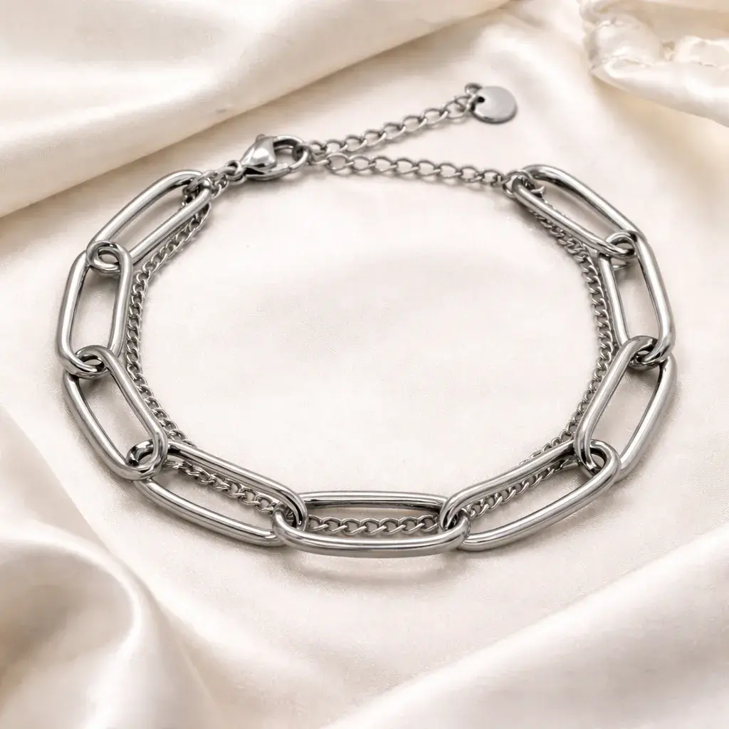 Pulsera Acero Plateado Doble Eslabon Largo Ancho y Cubana 6 Pulsera Acero Plateado Doble Eslabon Largo Ancho y Cubana - Image 4