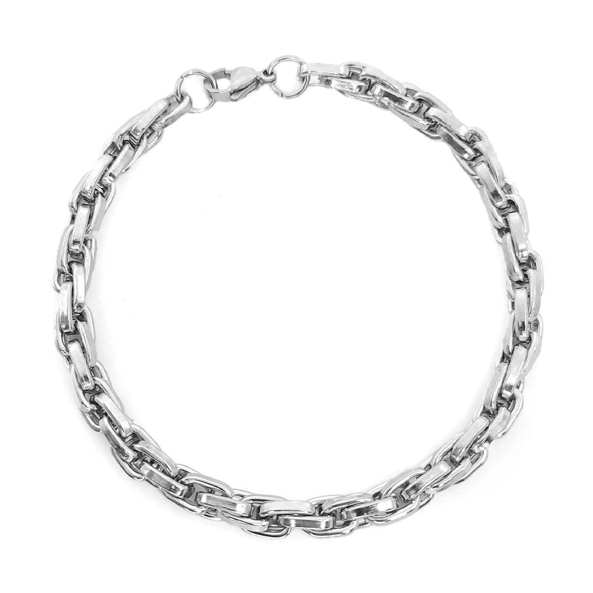 Pulsera plateada de acero inoxidable para hombre con eslabón oval entrelazado sobre fondo blanco