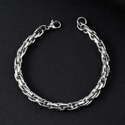 Pulsera Acero Plateado Esclava Eslabon Oval Entrelazado