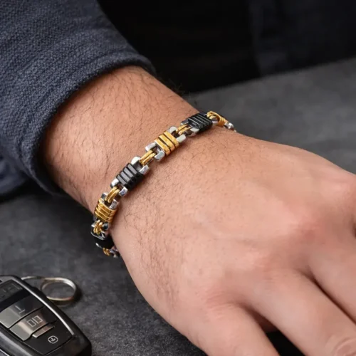 Pulsera Acero Tricolor Eslabones Cuadrados Remaches (1)