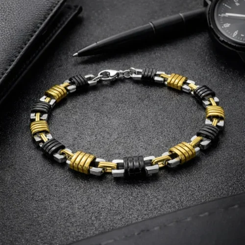 Pulsera Acero Tricolor Eslabones Cuadrados Remaches (2)