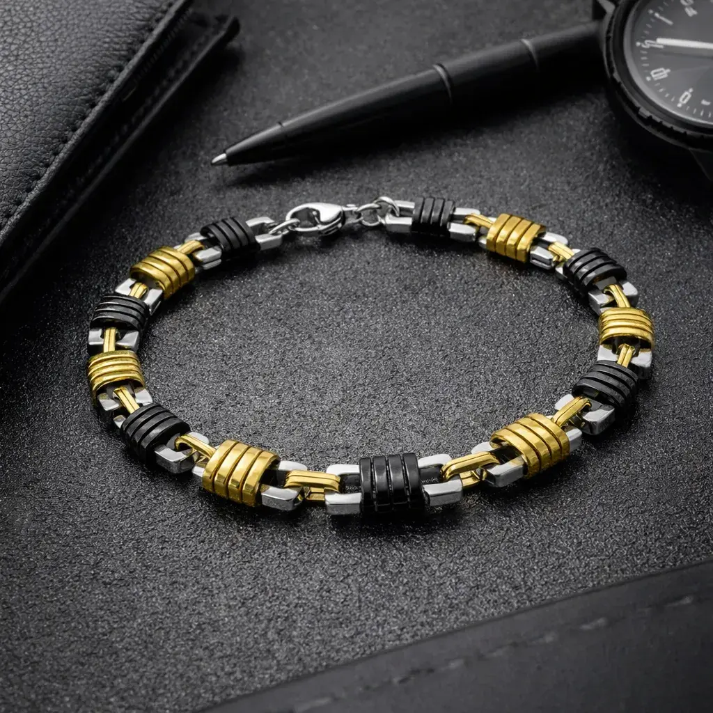 Pulsera Acero Tricolor Eslabones Cuadrados Remaches 6 Pulsera Acero Tricolor Eslabones Cuadrados Remaches - Image 4