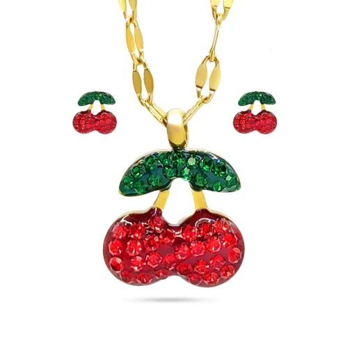 Set Joyería Dorado Cerezas Microcristales Rojos y Verdes