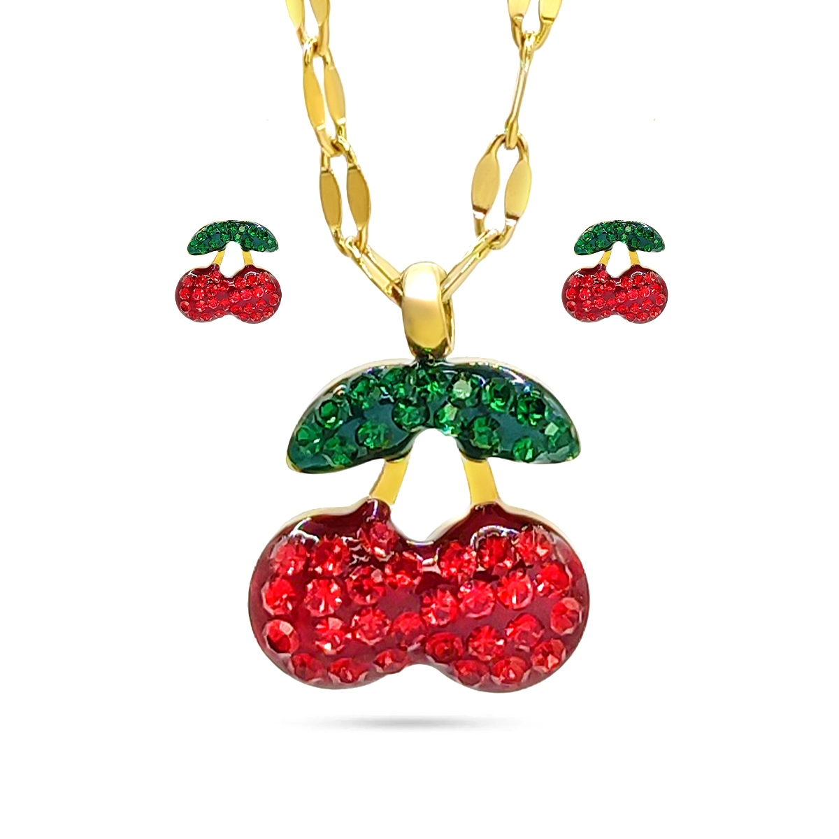 Set Joyería Dorado Cerezas Microcristales Rojos y Verdes