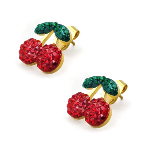 Set Joyería Dorado Cerezas Microcristales Rojos y Verdes (3)