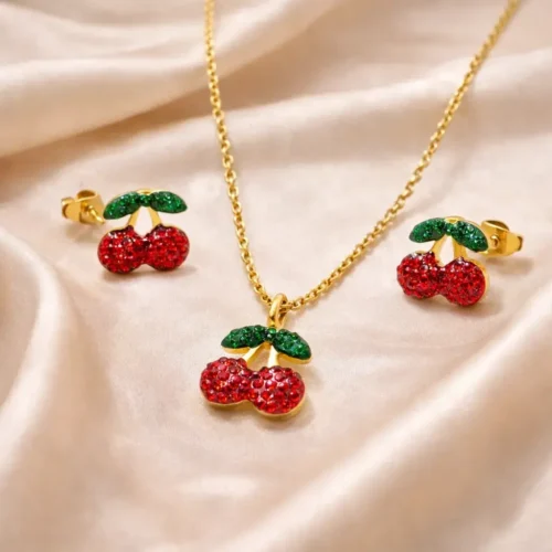 Set Joyería Dorado Cerezas Microcristales Rojos y Verdes (4)