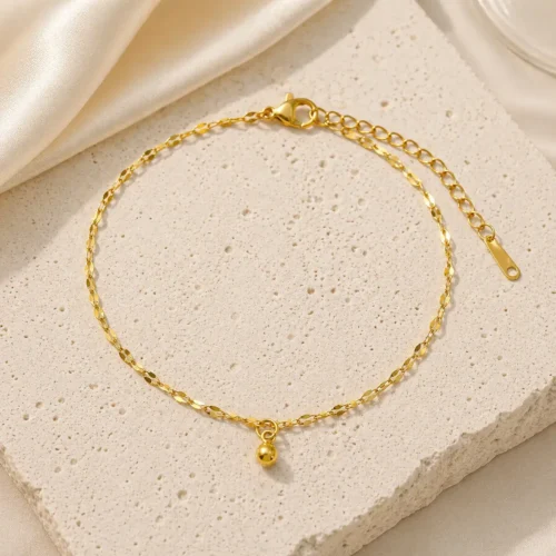 Tobillera Acero Dorado Cadena Petatillo Balin Colgante (1)