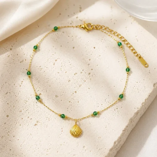 Tobillera Acero Dorado Cristal Cortado Verde Concha (2)
