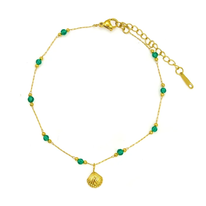 Tobillera Acero Dorado Cristal Cortado Verde Concha (2)