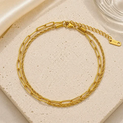 Tobillera Acero Dorado Doble Cadena Torzal y Eslabon Oval (1)