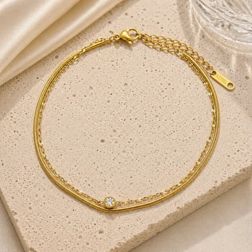 Tobillera Acero Dorado Doble Planchada Petatillo Cristal (2)