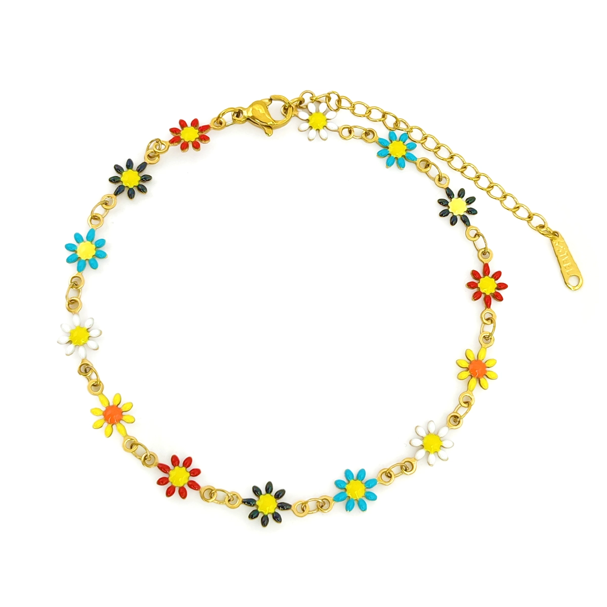 tobillera de flores margaritas multicolor en acero inoxidable dorado sobre fondo blanco