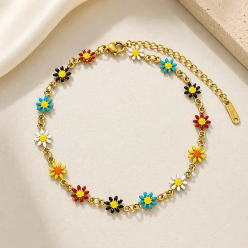 Tobillera Acero Dorado Flores Margaritas Multicolor (3)