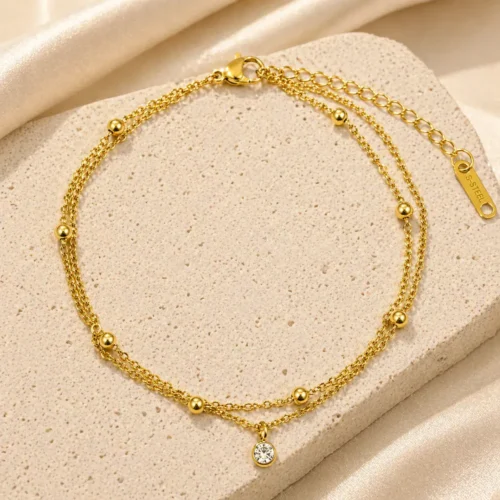 Tobillera Acero Inox Dorado Doble Cadena Balines Cristal (2)