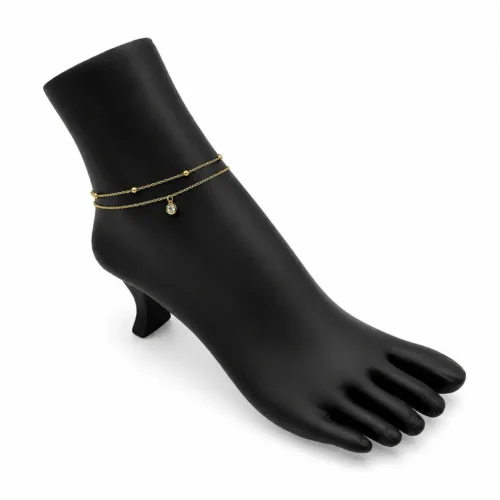 Tobillera Acero Inox Dorado Doble Cadena Balines Cristal (3)