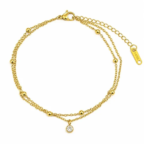 Tobillera Acero Inox Dorado Doble Cadena Balines Cristal (4)