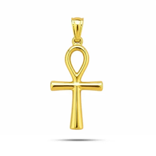 dije cruz egipcia ankh dorada de acero inoxidable símbolo de vida eterna sobre fondo blanco