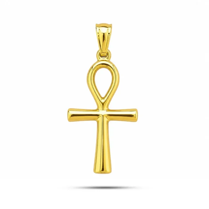 dije cruz egipcia ankh dorada de acero inoxidable símbolo de vida eterna sobre fondo blanco