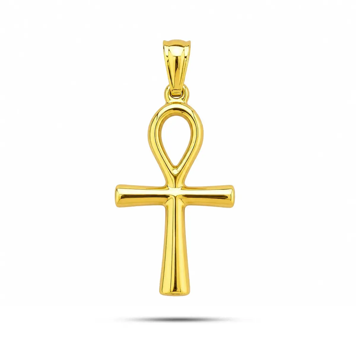 dije cruz egipcia ankh dorada de acero inoxidable símbolo de vida eterna sobre fondo blanco