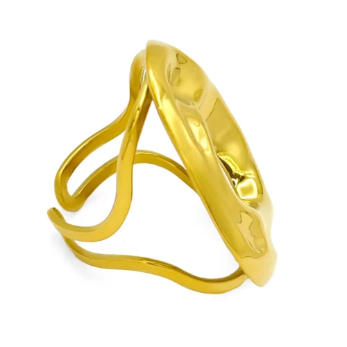 Anillo Acero Dorado Circulo Irregular Martillado Elegante (3)