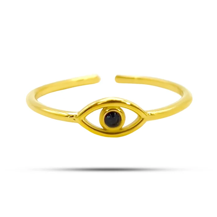 Anillo dorado ajustable de acero con diseño de ojo, pupila de cristal negro y estilo moderno