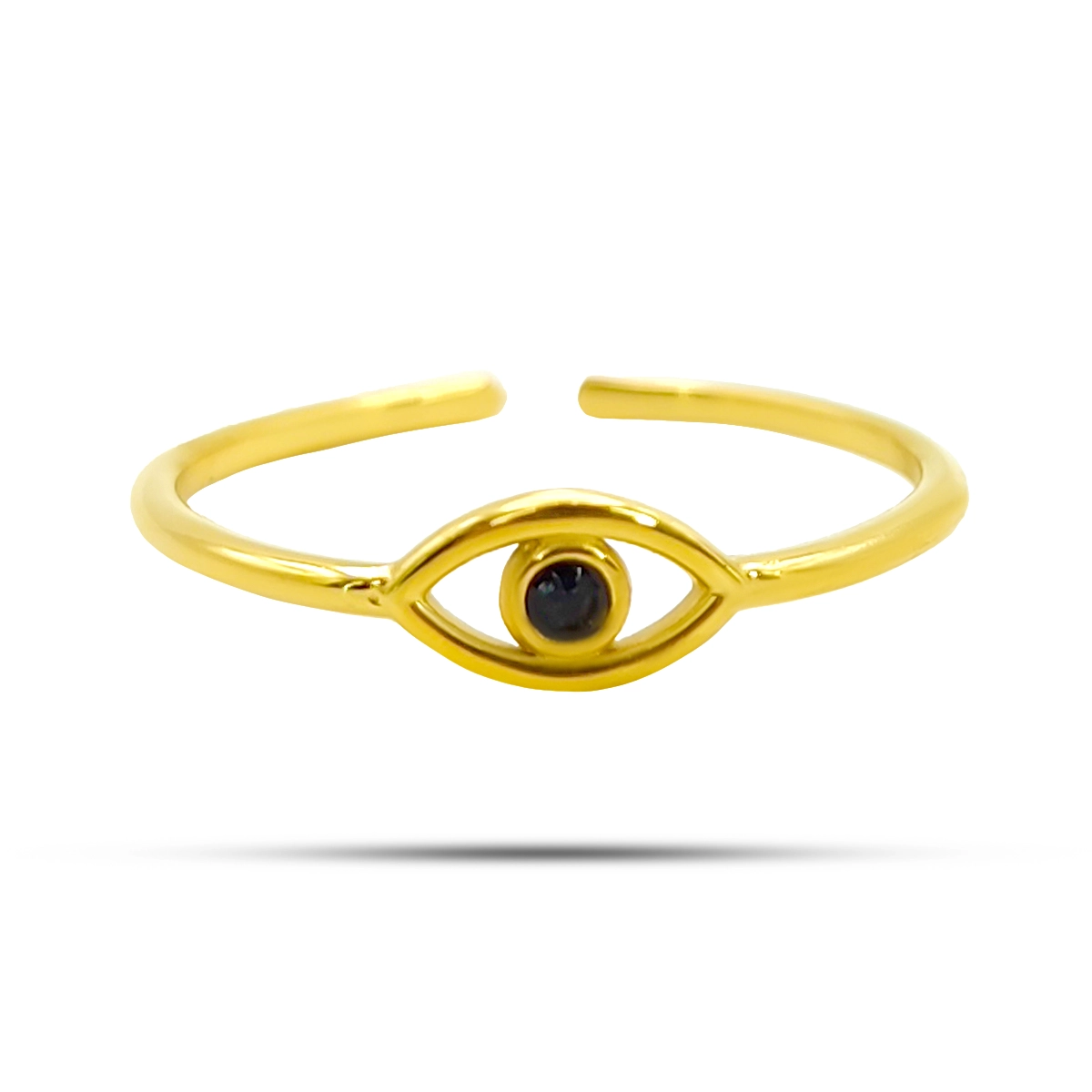 Anillo dorado ajustable de acero con diseño de ojo, pupila de cristal negro y estilo moderno
