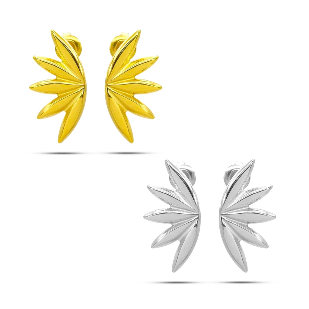 Aretes Acero Dorado Arracadas Sencillas Delgadas 32 mm 17 Aretes de acero inoxidable hoja flor de cinco pétalos en dorado y plateado con diseño elegante para mujer