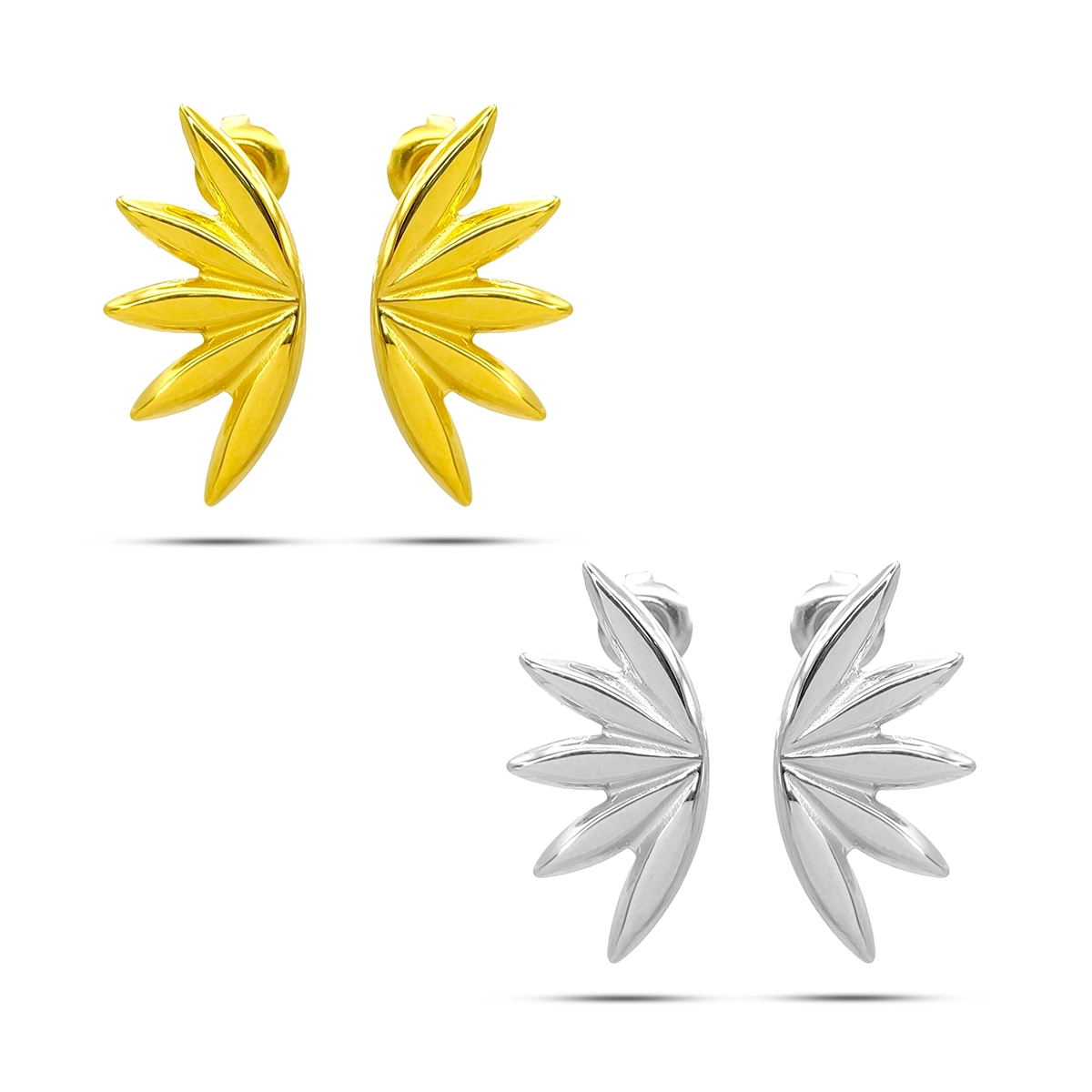 Aretes de acero inoxidable hoja flor de cinco pétalos en dorado y plateado con diseño elegante para mujer