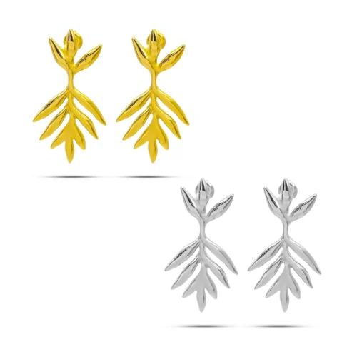 Aretes de acero inoxidable de hojas tipo rama palmera en color dorado y plateado para noche