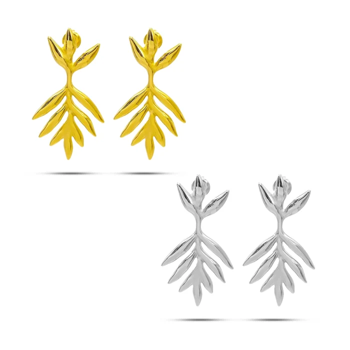 Aretes de acero inoxidable de hojas tipo rama palmera en color dorado y plateado para noche