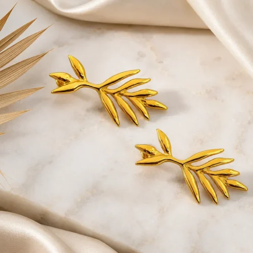 Aretes Acero Inox de Noche Elegantes Hojas Rama Palmera (3)