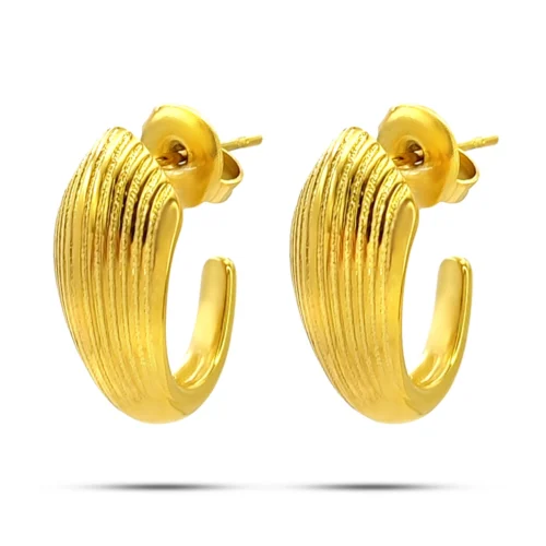 Aretes media arracada de acero dorado con forma de gota acanalada y diseño elegante para mujer