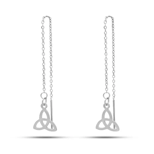 Aretes tipo violadores de acero plateado con cadena y colgante triqueta. Modernos, resistentes y originales. ¡Cómpralos hoy!